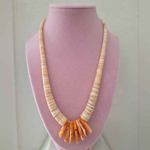 Hand Crafted Jewelry - Melon Heishi Shell & Orange Spiny Oyster Necklace Boho Beachy Southwestern